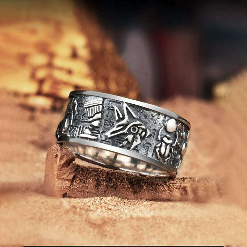 KIMLUD, Vintage Egyptian Life Cross Ring For Men Fashion Punk Silver Color Arubis Horus Eye Totem Open Ring Jewelry Couple Accessories, KIMLUD Womens Clothes