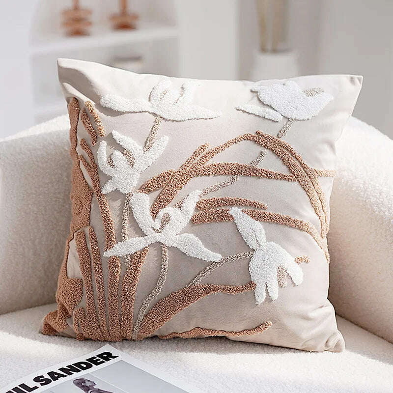 Vintage Embroidered Pillow Cover Luxury Velvet Beige Black 45x45cm Floral Home Decoration Cushion Cover Living Room Bedroom - KIMLUD