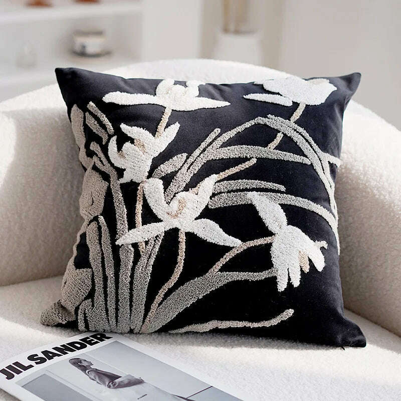 KIMLUD, Vintage Embroidered Pillow Cover Luxury Velvet Beige Black 45x45cm Floral Home Decoration Cushion Cover Living Room Bedroom, Black orchid, KIMLUD Women's Clothes