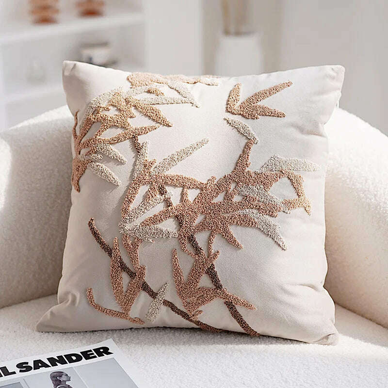 KIMLUD, Vintage Embroidered Pillow Cover Luxury Velvet Beige Black 45x45cm Floral Home Decoration Cushion Cover Living Room Bedroom, Beige Leaves, KIMLUD Women's Clothes