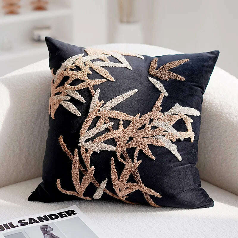 KIMLUD, Vintage Embroidered Pillow Cover Luxury Velvet Beige Black 45x45cm Floral Home Decoration Cushion Cover Living Room Bedroom, Black Leaves, KIMLUD Women's Clothes