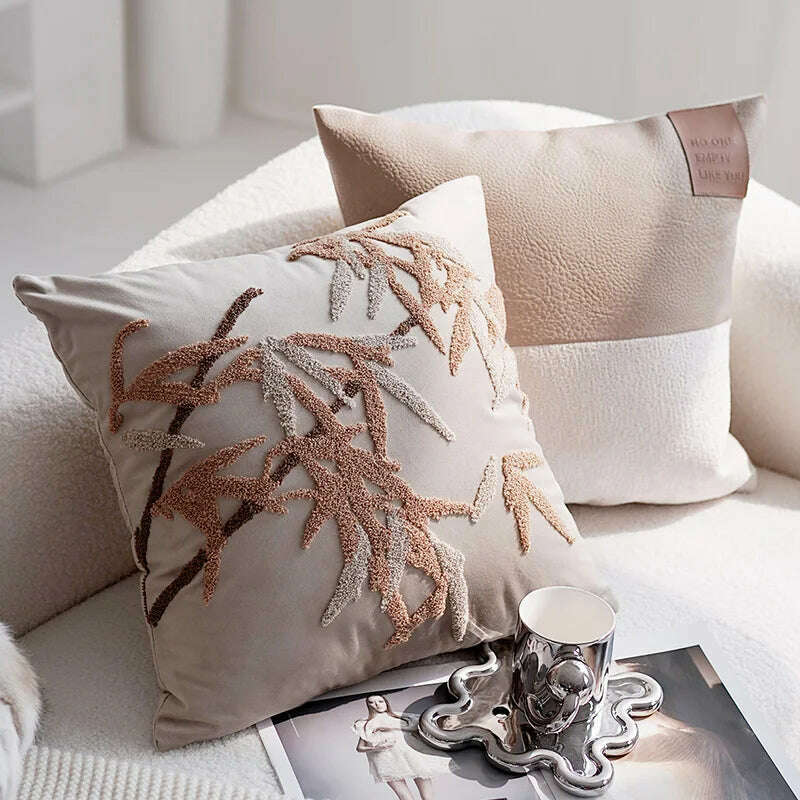 KIMLUD, Vintage Embroidered Pillow Cover Luxury Velvet Beige Black 45x45cm Floral Home Decoration Cushion Cover Living Room Bedroom, KIMLUD Women's Clothes