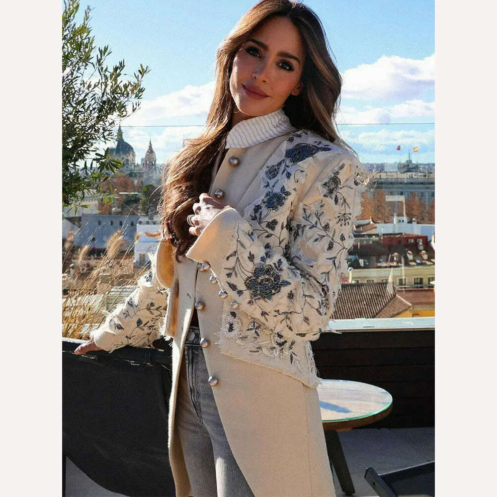 KIMLUD, Vintage Embroidery Single Breasted Coat For Women Fashion Stand Collar Long Sleeve Jacket Female Elegant High Street Overcoat, KIMLUD Womens Clothes