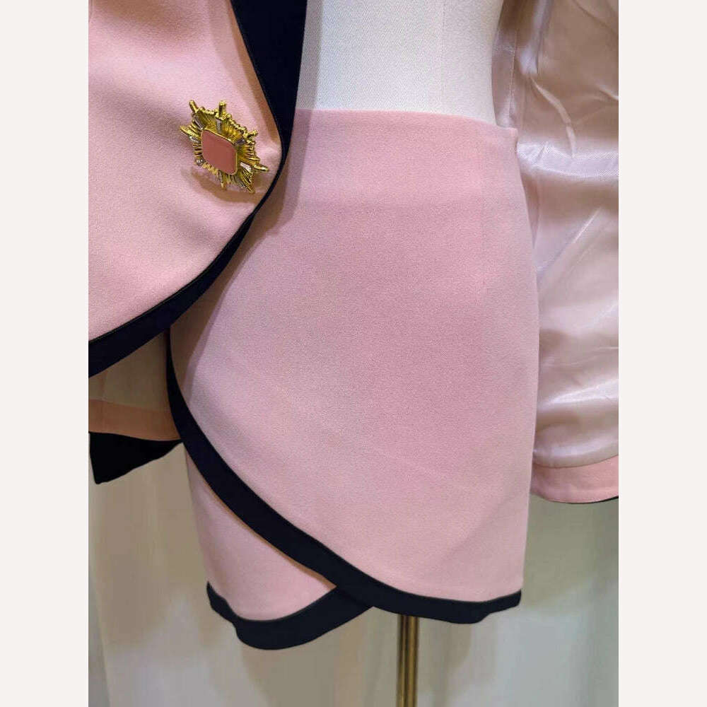 KIMLUD, Vintage Fashion Contrast Color Suit Women's Fall/Winter 2023 Pink Slim-Fit Blazer Coat Top+Skirt Elegant Commuting 2-Piece Set, KIMLUD Women's Clothes