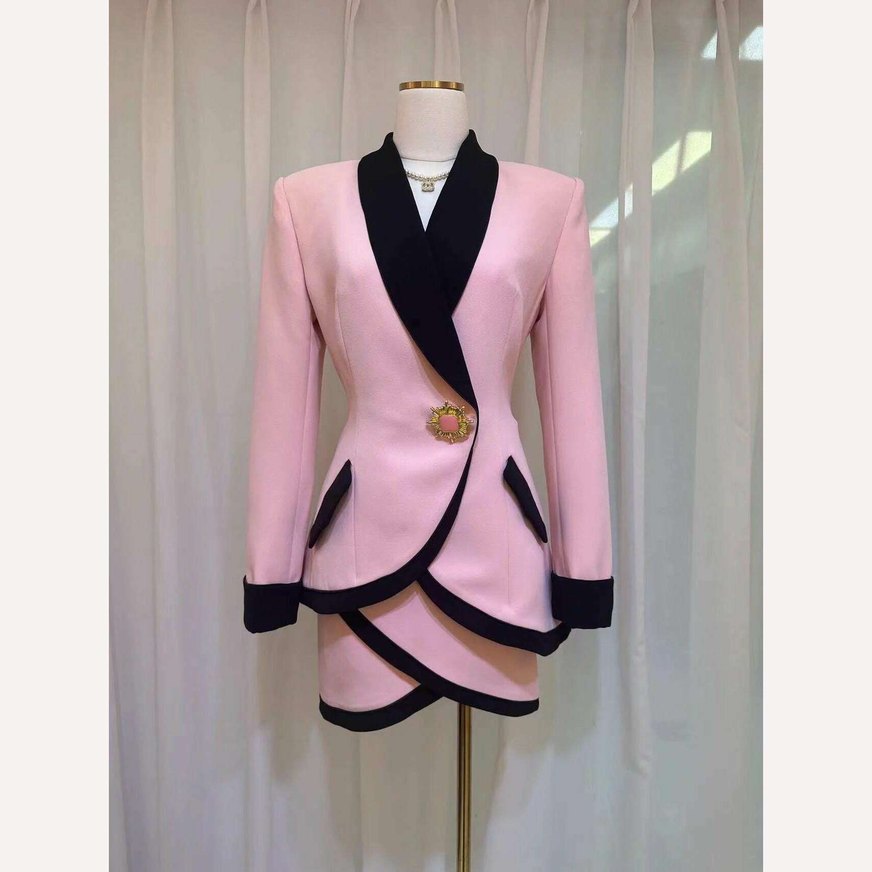 KIMLUD, Vintage Fashion Contrast Color Suit Women's Fall/Winter 2023 Pink Slim-Fit Blazer Coat Top+Skirt Elegant Commuting 2-Piece Set, KIMLUD Womens Clothes