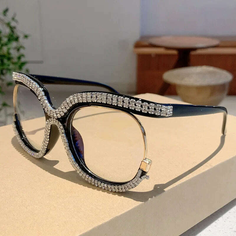 Vintage Fashion Oversized Owl Diamond Optical Glasses Frame Women For Female Trendy Glasses Luxury Brand Designer Retro Eyewear - KIMLUD