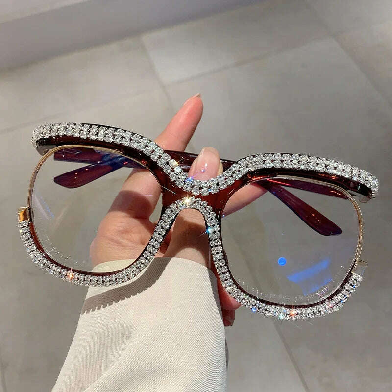 KIMLUD, Vintage Fashion Oversized Owl Diamond Optical Glasses Frame Women For Female Trendy Glasses Luxury Brand Designer Retro Eyewear, Tea, KIMLUD Womens Clothes