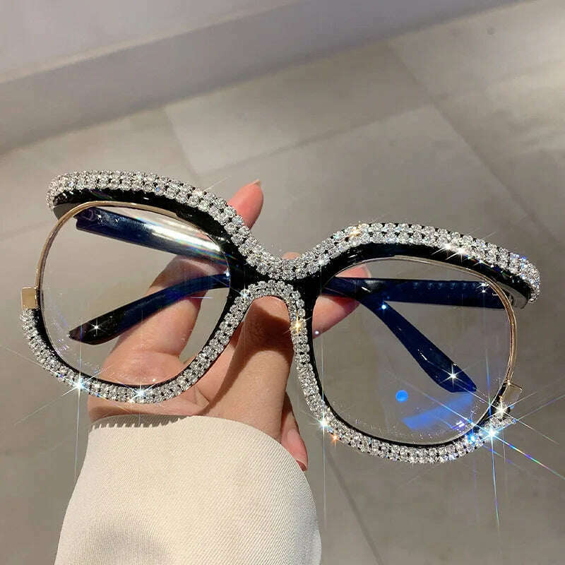 KIMLUD, Vintage Fashion Oversized Owl Diamond Optical Glasses Frame Women For Female Trendy Glasses Luxury Brand Designer Retro Eyewear, Black, KIMLUD Womens Clothes