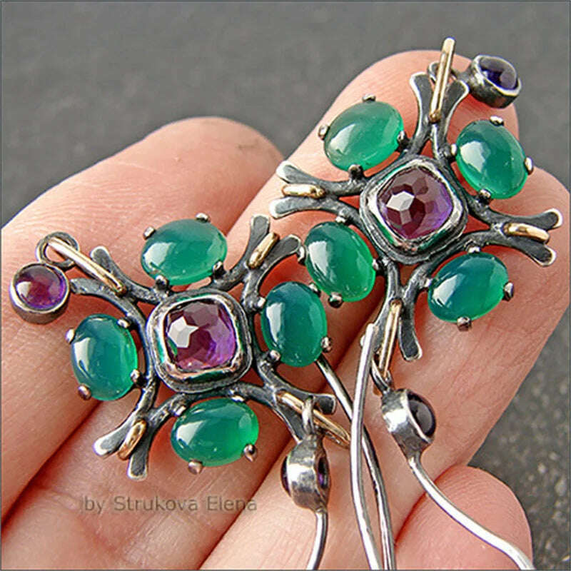 Vintage Flower Geometry Green Purple Stone Earrings Gold Silver Color Earrings for Women Wedding Engagement Jewelry - KIMLUD