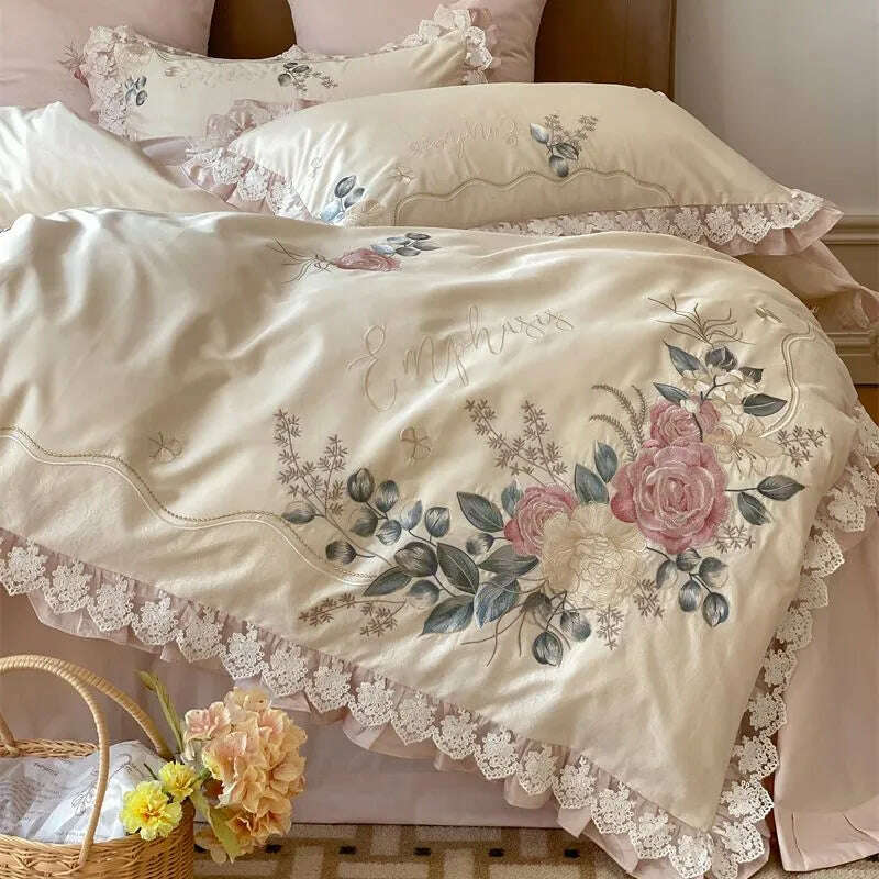 KIMLUD, Vintage French Princess Bedding Set 1000TC Egyptian Cotton Flowers Embroidery Ruffles Duvet Cover Set Bed Sheet Pillowcases 4Pcs, KIMLUD Women's Clothes