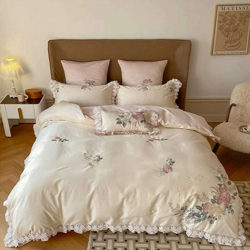 KIMLUD, Vintage French Princess Bedding Set 1000TC Egyptian Cotton Flowers Embroidery Ruffles Duvet Cover Set Bed Sheet Pillowcases 4Pcs, 1 / Queen 200X230cm 4pcs / Flat Bed Sheet, KIMLUD Womens Clothes