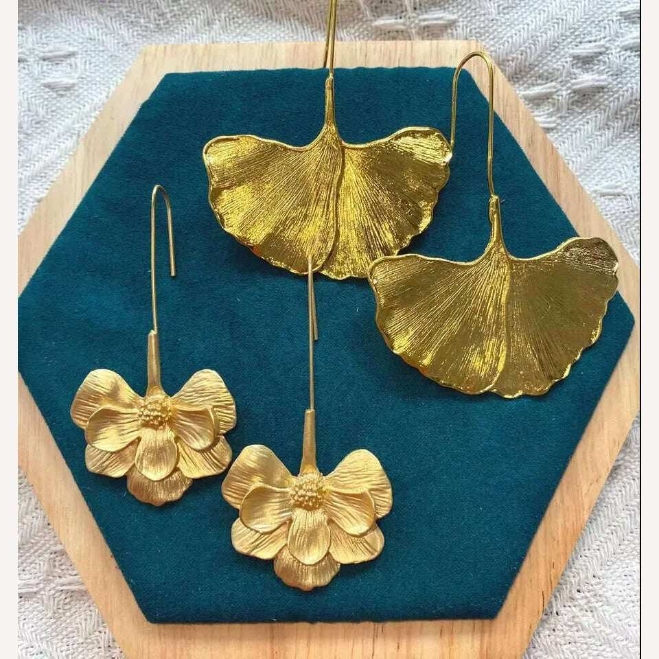 KIMLUD, Vintage Gold Color Ginkgo Leaf Earrings for Woman Party Casual Jewelry, KIMLUD Womens Clothes