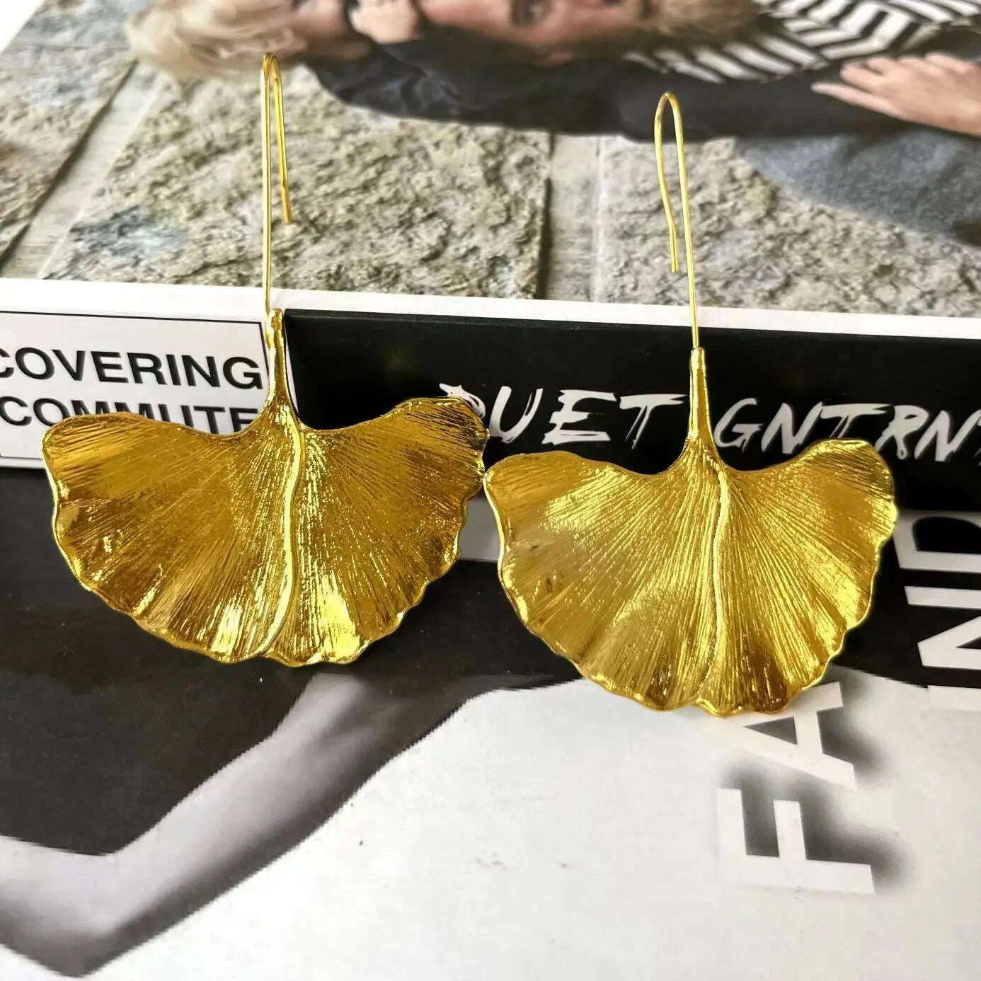 KIMLUD, Vintage Gold Color Ginkgo Leaf Earrings for Woman Party Casual Jewelry, KIMLUD Women's Clothes