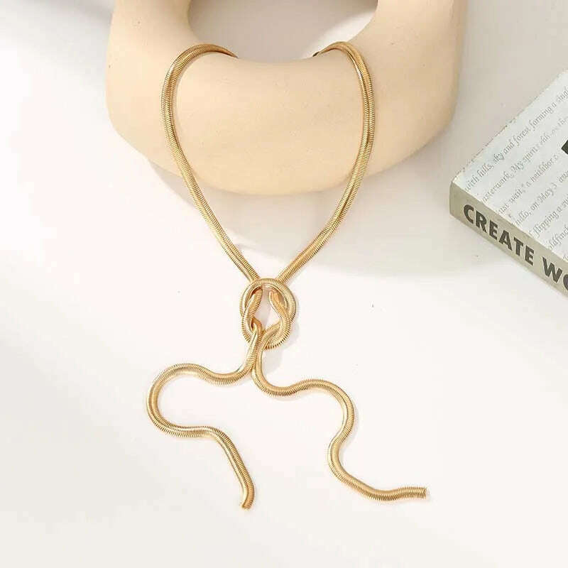 Vintage Gold Color Snake Chain Knot Long Tassel Necklace for Women Punk Chunky Thick Chest Chain Choker Neck Jewelry Gift - KIMLUD