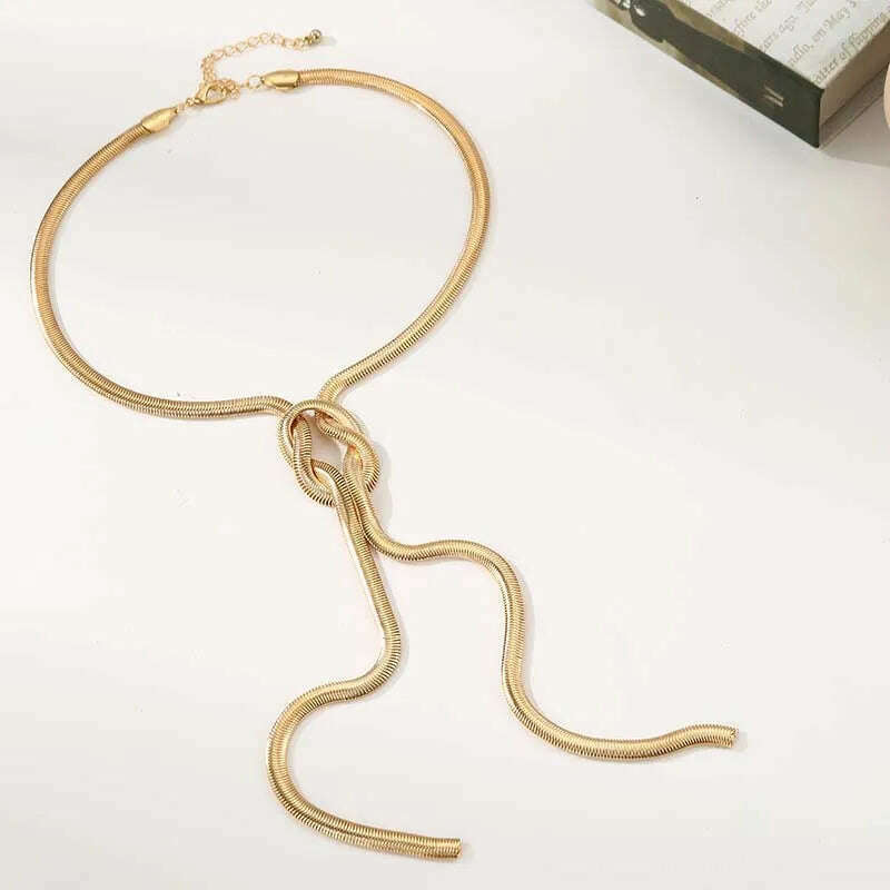 Vintage Gold Color Snake Chain Knot Long Tassel Necklace for Women Punk Chunky Thick Chest Chain Choker Neck Jewelry Gift - KIMLUD
