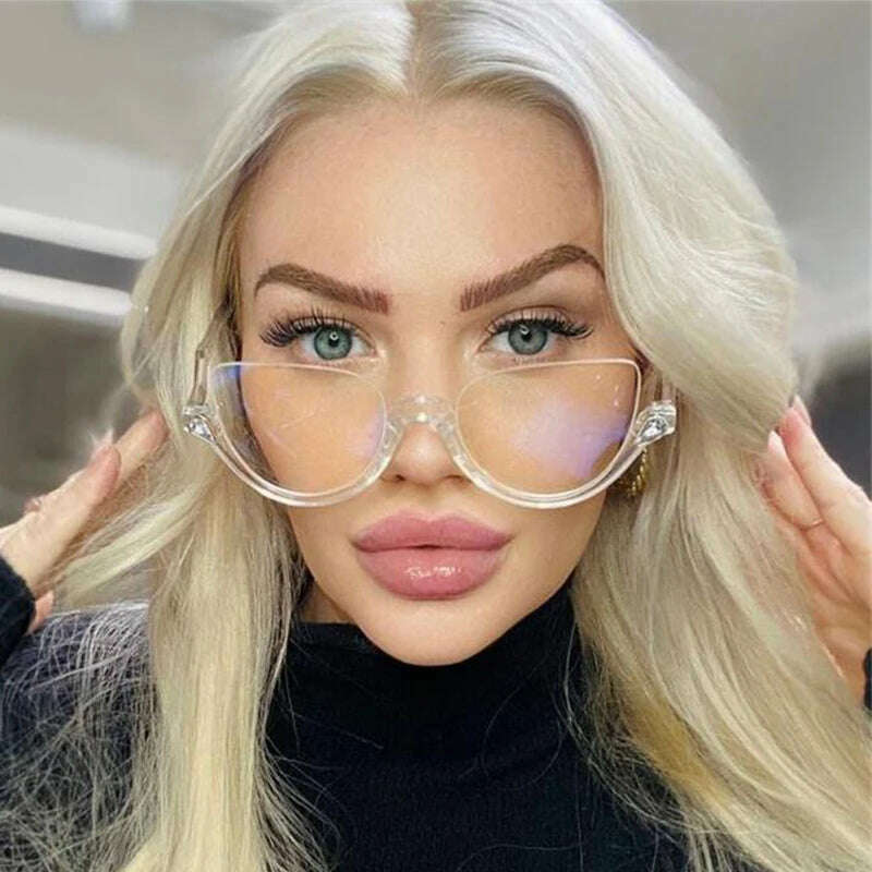 Vintage Half Frame Cat Eye Sunglasses Clear Lens Rhinestone Decoration Classic Sun Glasses Luxury Brand Designer Sexy Shades - KIMLUD