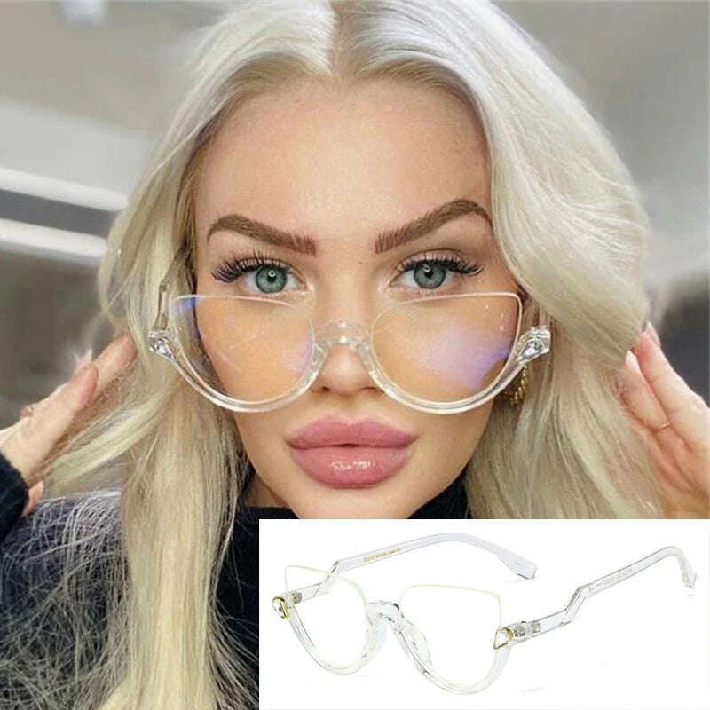 KIMLUD, Vintage Half Frame Cat Eye Sunglasses Clear Lens Rhinestone Decoration Classic Sun Glasses Luxury Brand Designer Sexy Shades, KIMLUD Womens Clothes