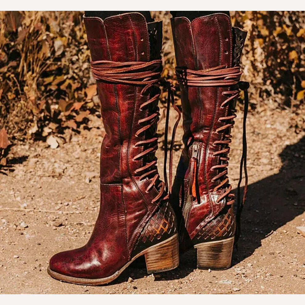 KIMLUD, Vintage Lace Up Hollow Cowboy Boots Block Mid Heel Women Knee High Boots Pointed Toe Burgundy Solid Fashion Side Zipper 2023 New, burgundy / 34 / CHINA, KIMLUD APPAREL - Womens Clothes