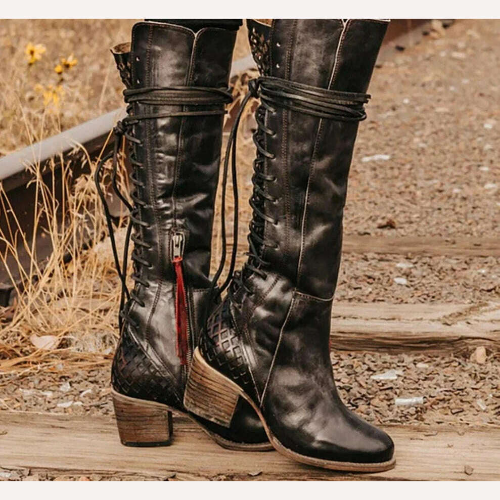 KIMLUD, Vintage Lace Up Hollow Cowboy Boots Block Mid Heel Women Knee High Boots Pointed Toe Burgundy Solid Fashion Side Zipper 2023 New, black / 34 / CHINA, KIMLUD APPAREL - Womens Clothes