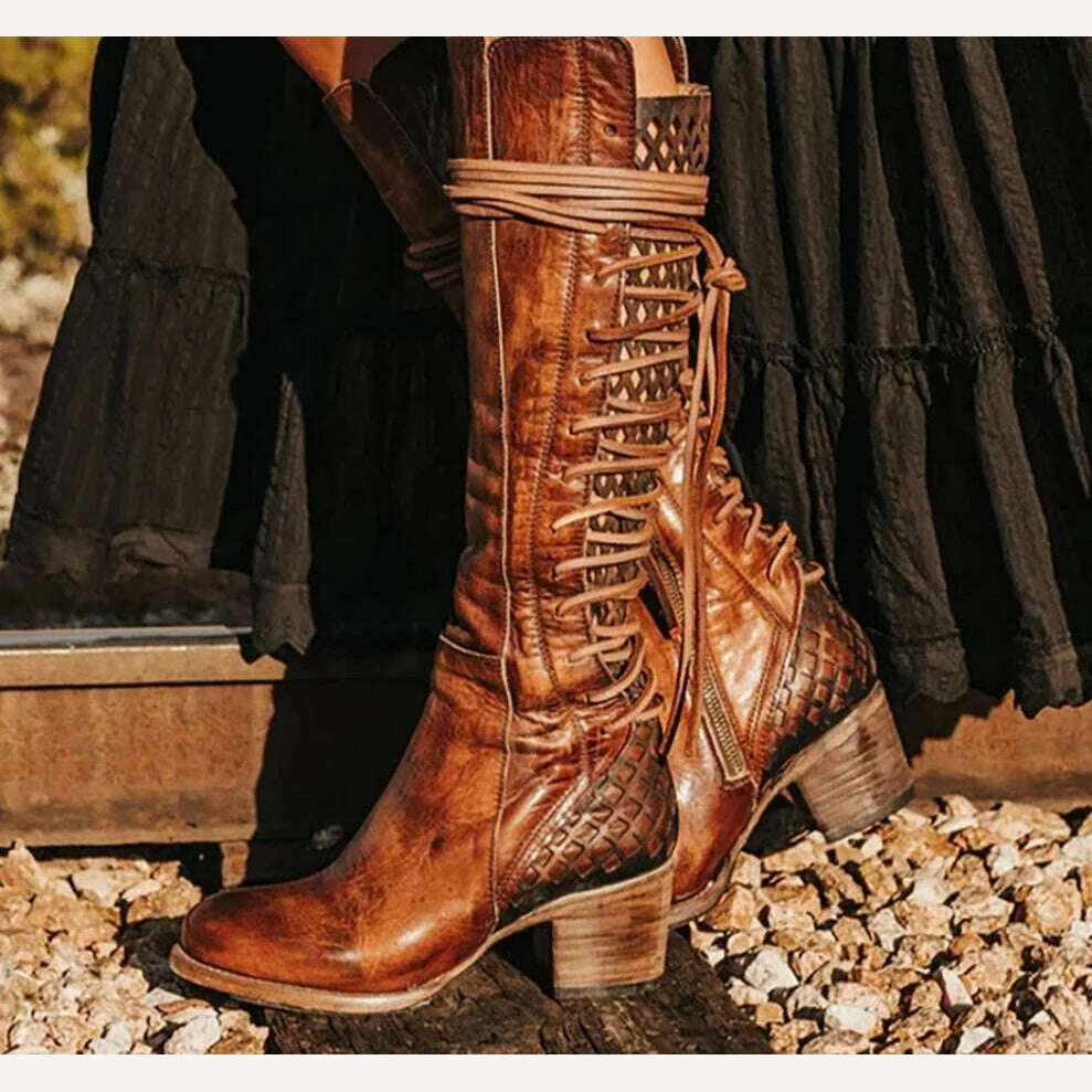 KIMLUD, Vintage Lace Up Hollow Cowboy Boots Block Mid Heel Women Knee High Boots Pointed Toe Burgundy Solid Fashion Side Zipper 2023 New, brown / 34 / CHINA, KIMLUD APPAREL - Womens Clothes