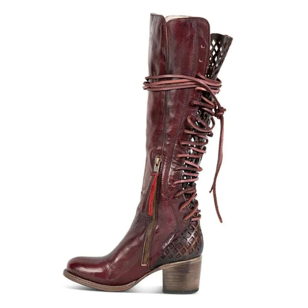 KIMLUD, Vintage Lace Up Hollow Cowboy Boots Block Mid Heel Women Knee High Boots Pointed Toe Burgundy Solid Fashion Side Zipper 2023 New, KIMLUD Women's Clothes