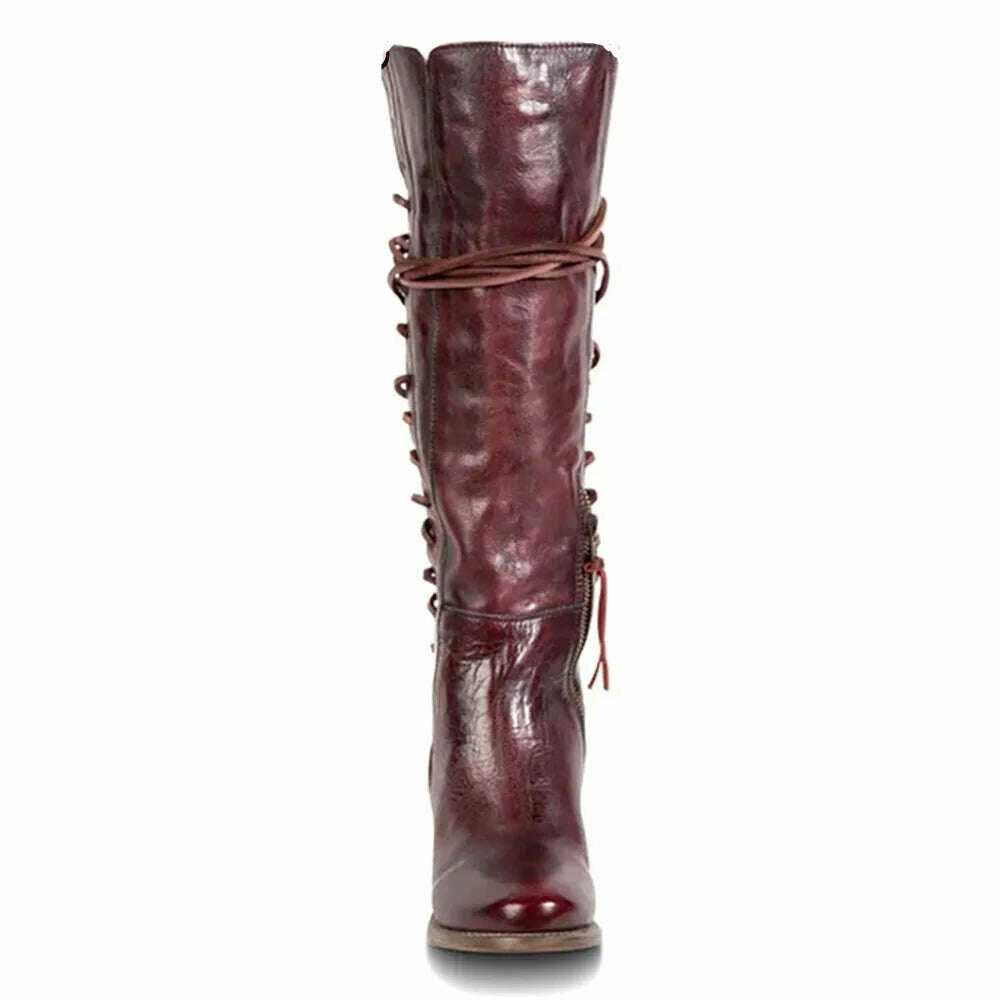 KIMLUD, Vintage Lace Up Hollow Cowboy Boots Block Mid Heel Women Knee High Boots Pointed Toe Burgundy Solid Fashion Side Zipper 2023 New, KIMLUD Womens Clothes