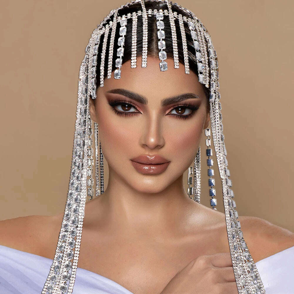 KIMLUD, Vintage Long Tassel Hair Chain Rhinestone Head Chain Hairwear Crystal Headband Wedding Crystal Forehead Chain Hair Accessories, KIMLUD Womens Clothes