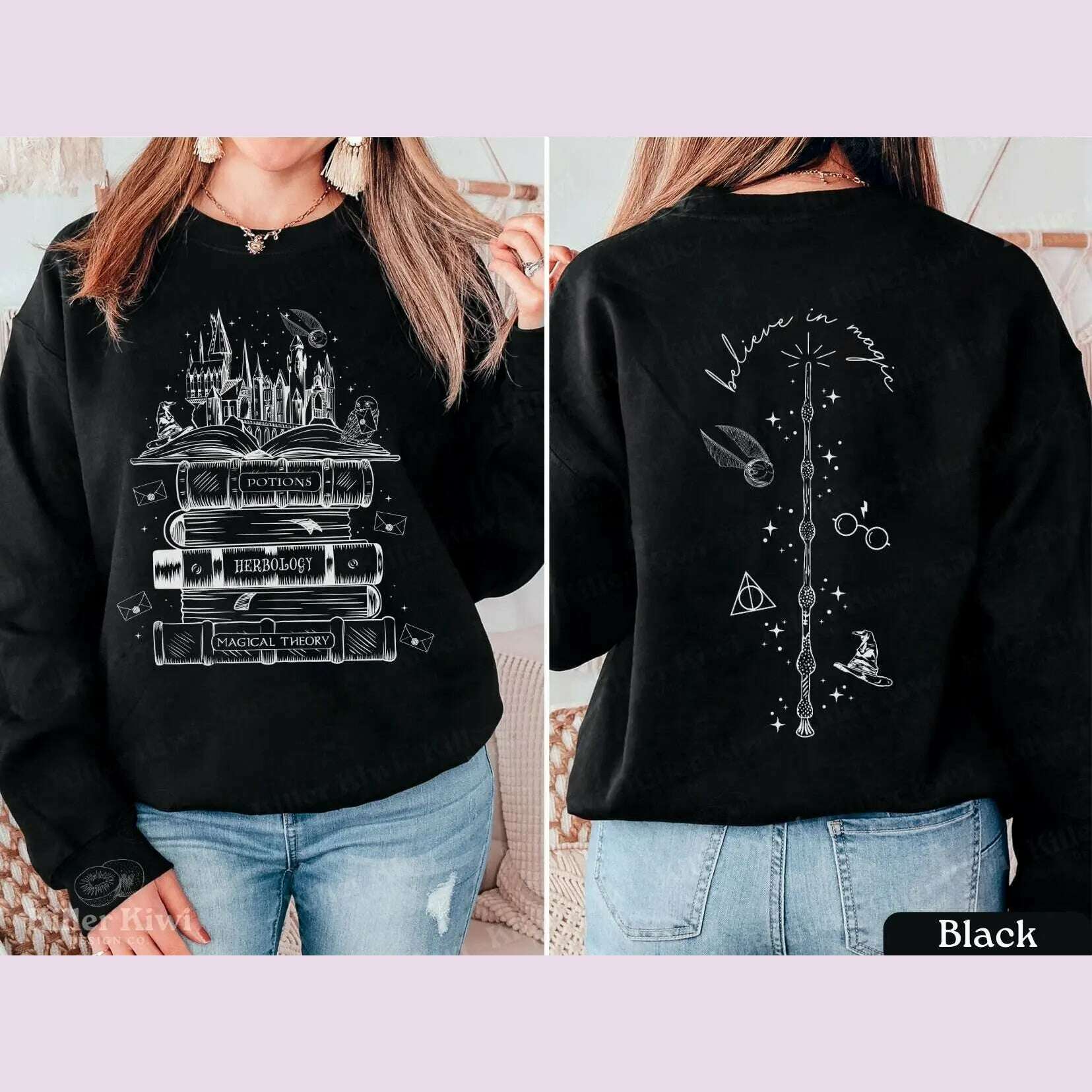 Vintage Magic Tome Castle Magic Stick Print Women Sweatshirt 2024 New Voguish Vintage Cotton Female Sweater Stylish Girl Tops - KIMLUD