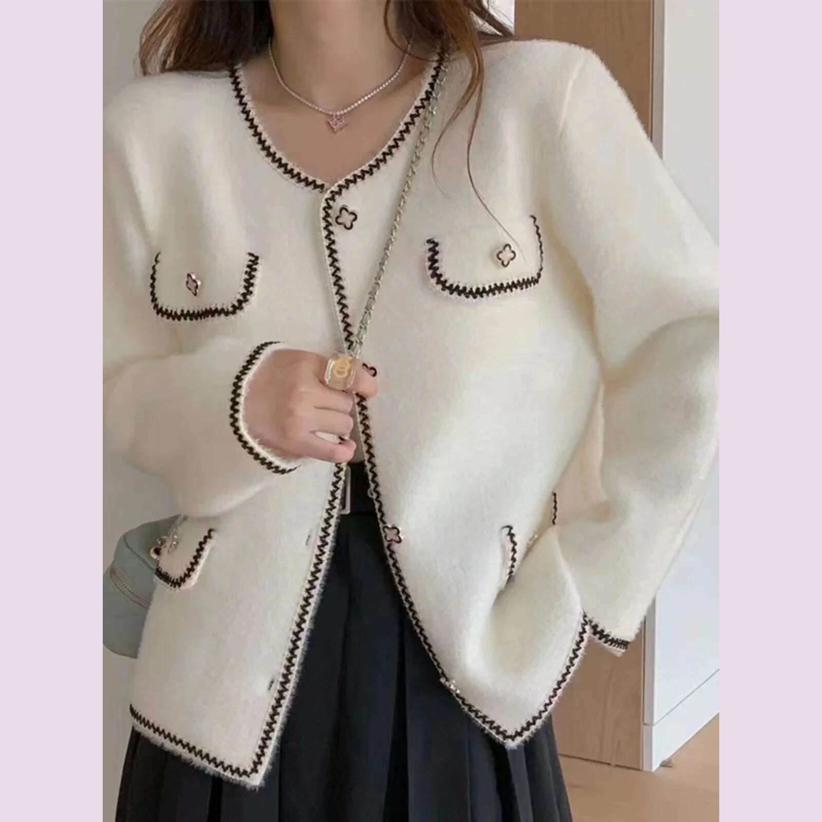 KIMLUD, Vintage New Black White Patchwork Women's Single Breasted Cardigan Sweater Autumn Winter Elegant Long Sleeve Knit Soft Tops Chic, KIMLUD Womens Clothes