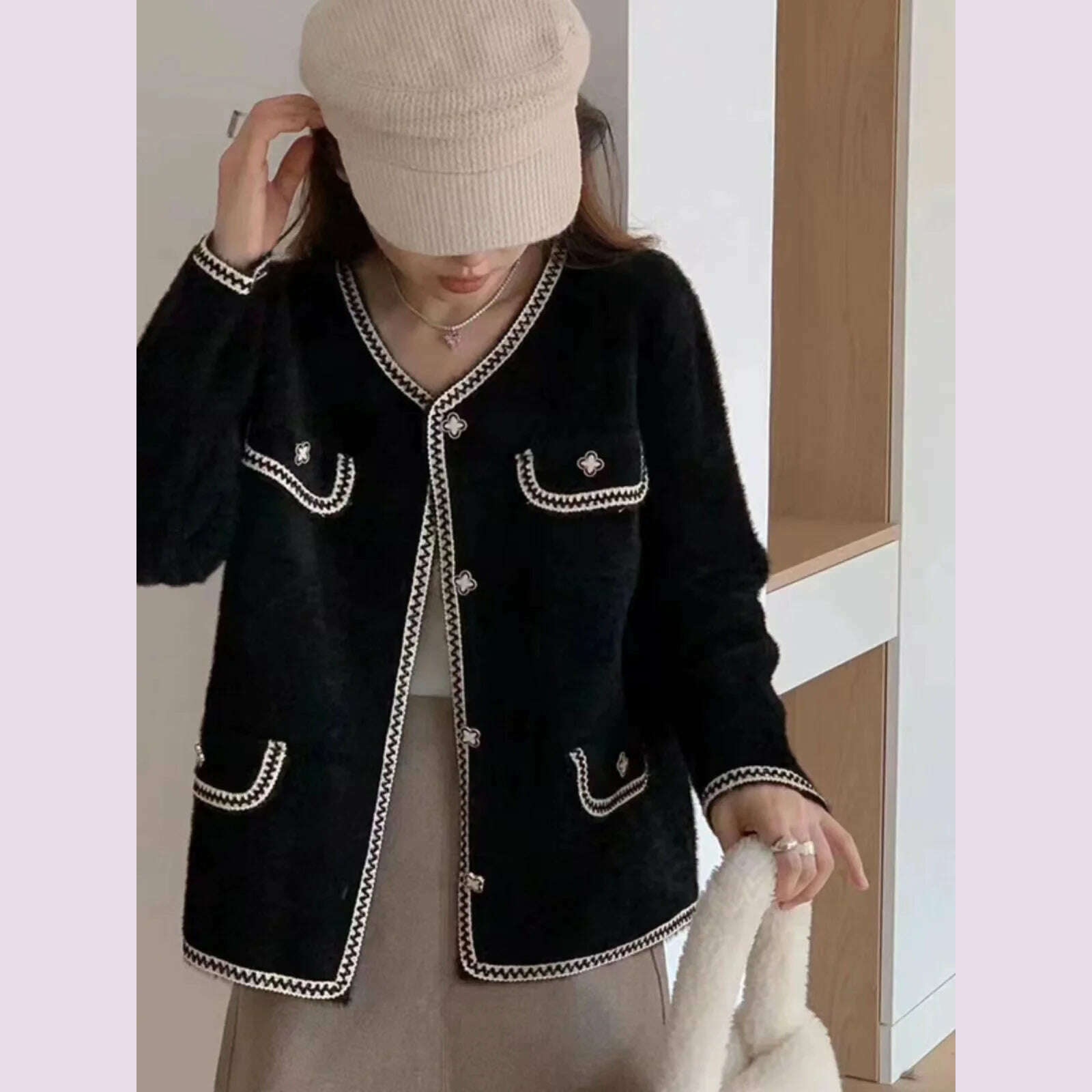 KIMLUD, Vintage New Black White Patchwork Women's Single Breasted Cardigan Sweater Autumn Winter Elegant Long Sleeve Knit Soft Tops Chic, KIMLUD Womens Clothes