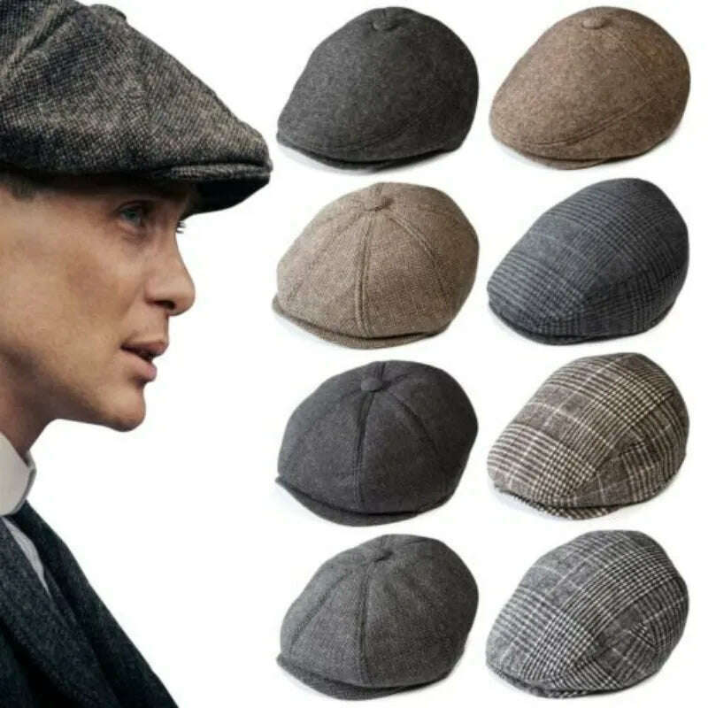 KIMLUD, Vintage Newsboy Caps Men Women Berets Hat Classic Plaid Stripe Beret Winter Cotton Flat Cap British Painter Hats Herringbone Hat, KIMLUD Womens Clothes