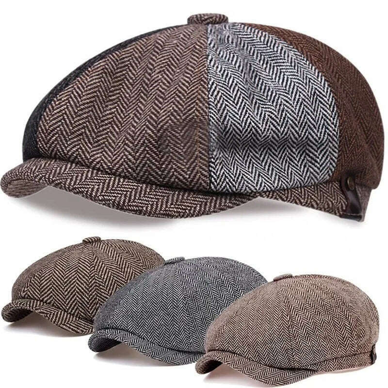 KIMLUD, Vintage Newsboy Caps Men Women Berets Hat Classic Plaid Stripe Beret Winter Cotton Flat Cap British Painter Hats Herringbone Hat, KIMLUD Womens Clothes