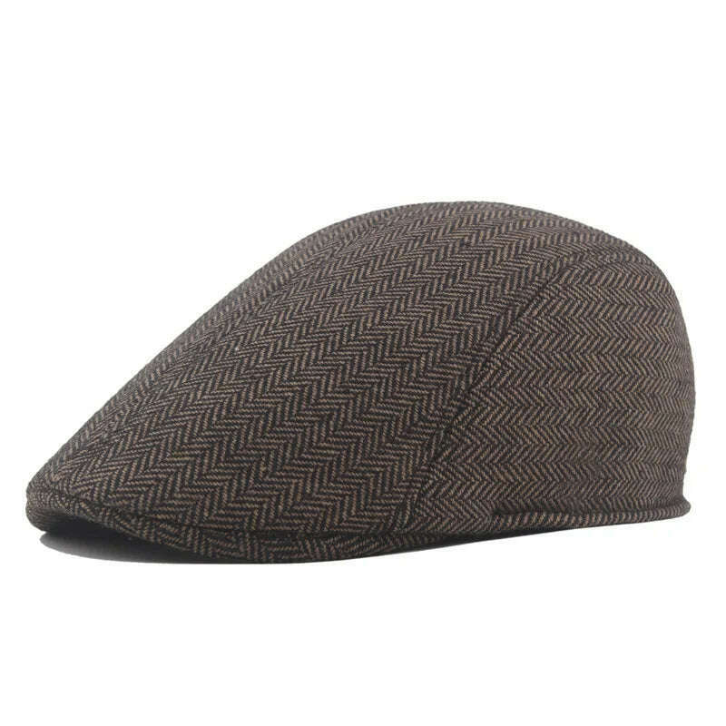 KIMLUD, Vintage Newsboy Caps Men Women Berets Hat Classic Plaid Stripe Beret Winter Cotton Flat Cap British Painter Hats Herringbone Hat, coffee2, KIMLUD APPAREL - Womens Clothes