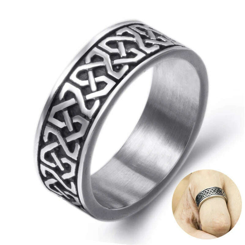 KIMLUD, Vintage Odin Norse Viking Amulet Rune Rings For Men Cool Stainless Steel Celtic Knot Ring Wedding Jewelry Valentine's Days Gifts, Silver Color / 8, KIMLUD APPAREL - Womens Clothes