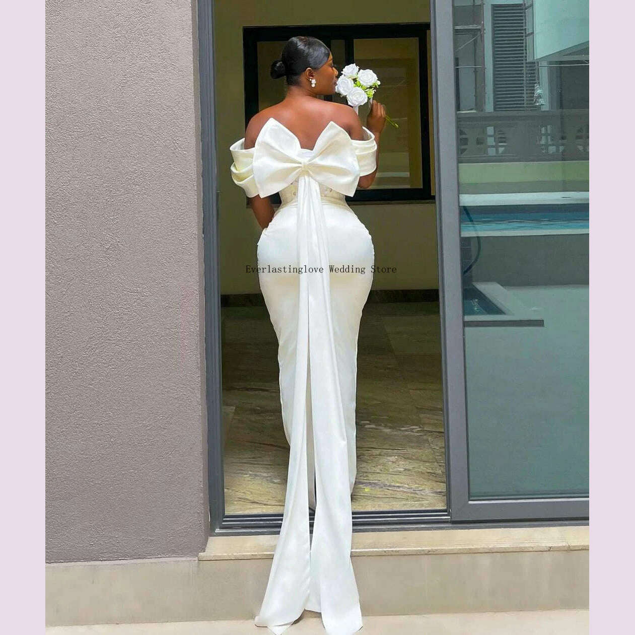 KIMLUD, Vintage Off The Pleat Lace Applique Seath Mermaid Wedding Dresses Back Bow Vestido De Noival, KIMLUD Womens Clothes