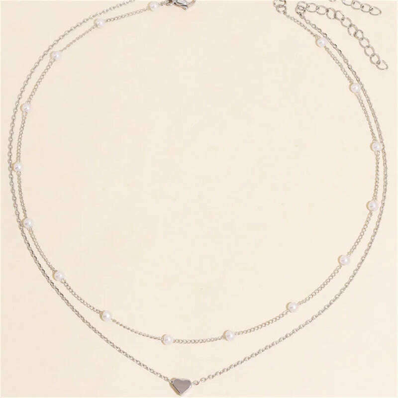 Vintage Pearl Choker Necklaces for Women Fashion Double layer Chain Small Love Heart Pendant Necklace Jewelry Gift Wholesale - KIMLUD