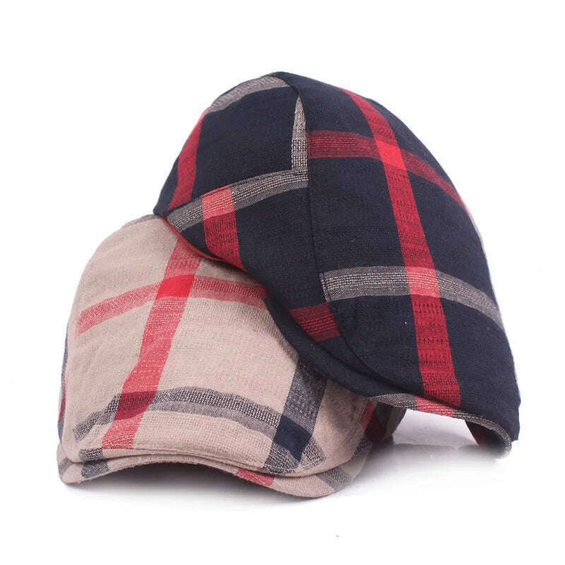 KIMLUD, Vintage Plaid Beret Caps British Men Women Adjustable Outdoor Riding Caps Cotton Hats Berets Top Hat Winter Autumn Windproof, KIMLUD Womens Clothes