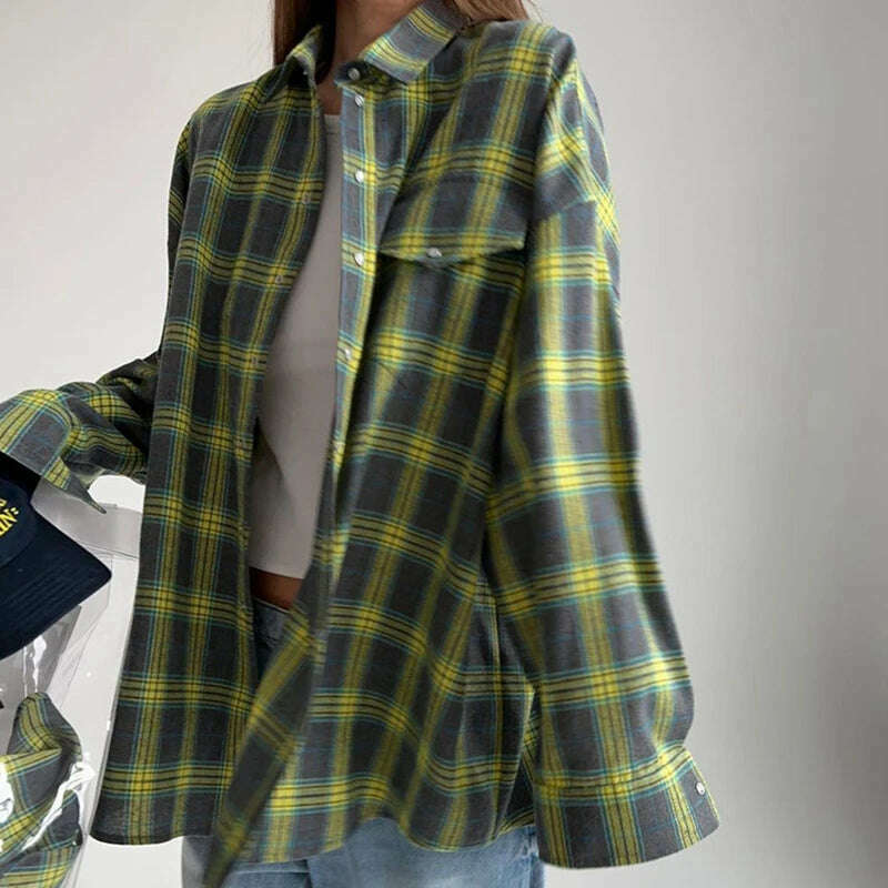 KIMLUD, Vintage Plaid Blouses Womans Loose Long Sleeve Shirt 2023 Autumn Winter Casual Single Breasted Shirt with Pockets Female Tops, KIMLUD Women's Clothes