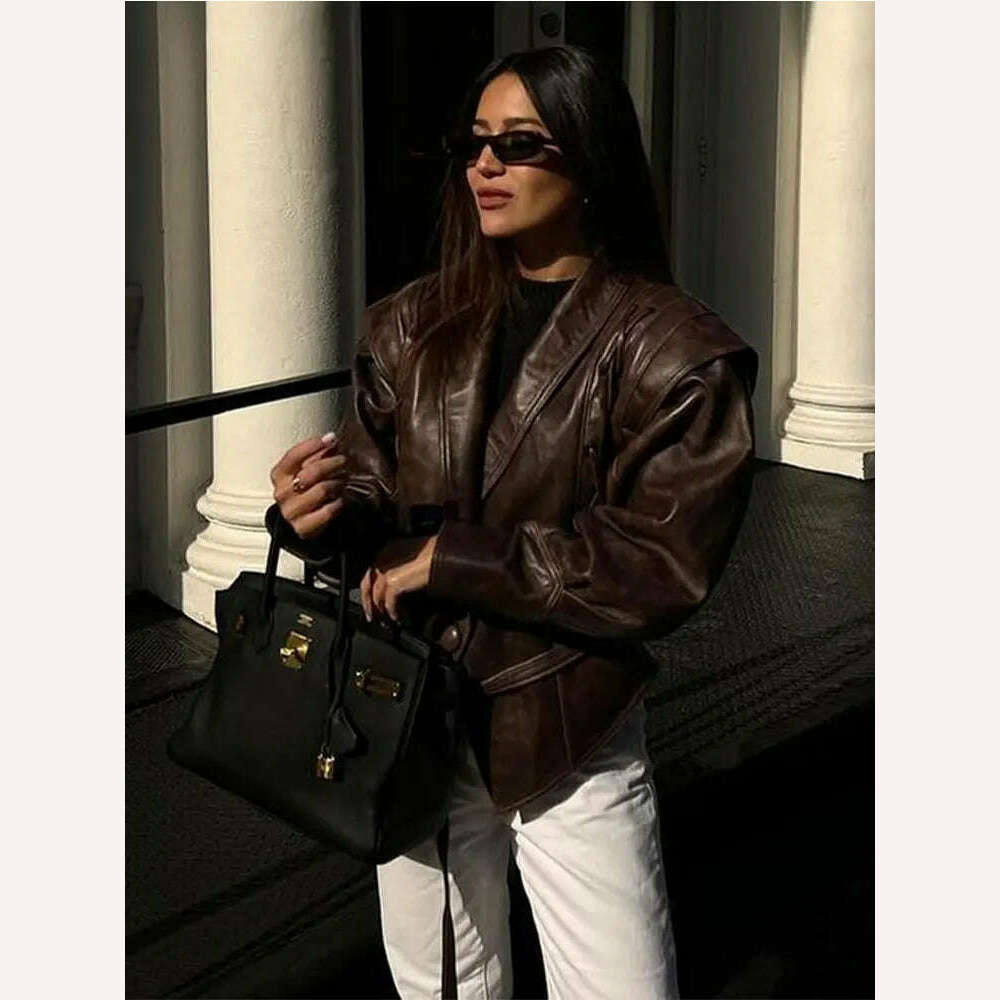 Vintage Pu Leather Lace-up Short Jacket For Women Fashion Lapel Long Sleeves Irregular Coat 2023 Ladies Office Commute Outwear - KIMLUD