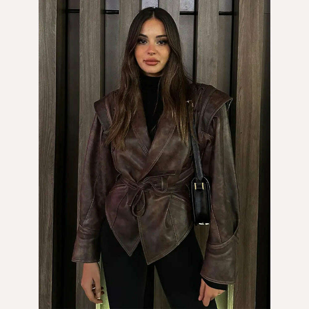 Vintage Pu Leather Lace-up Short Jacket For Women Fashion Lapel Long Sleeves Irregular Coat 2023 Ladies Office Commute Outwear, KIMLUD Women's Clothes