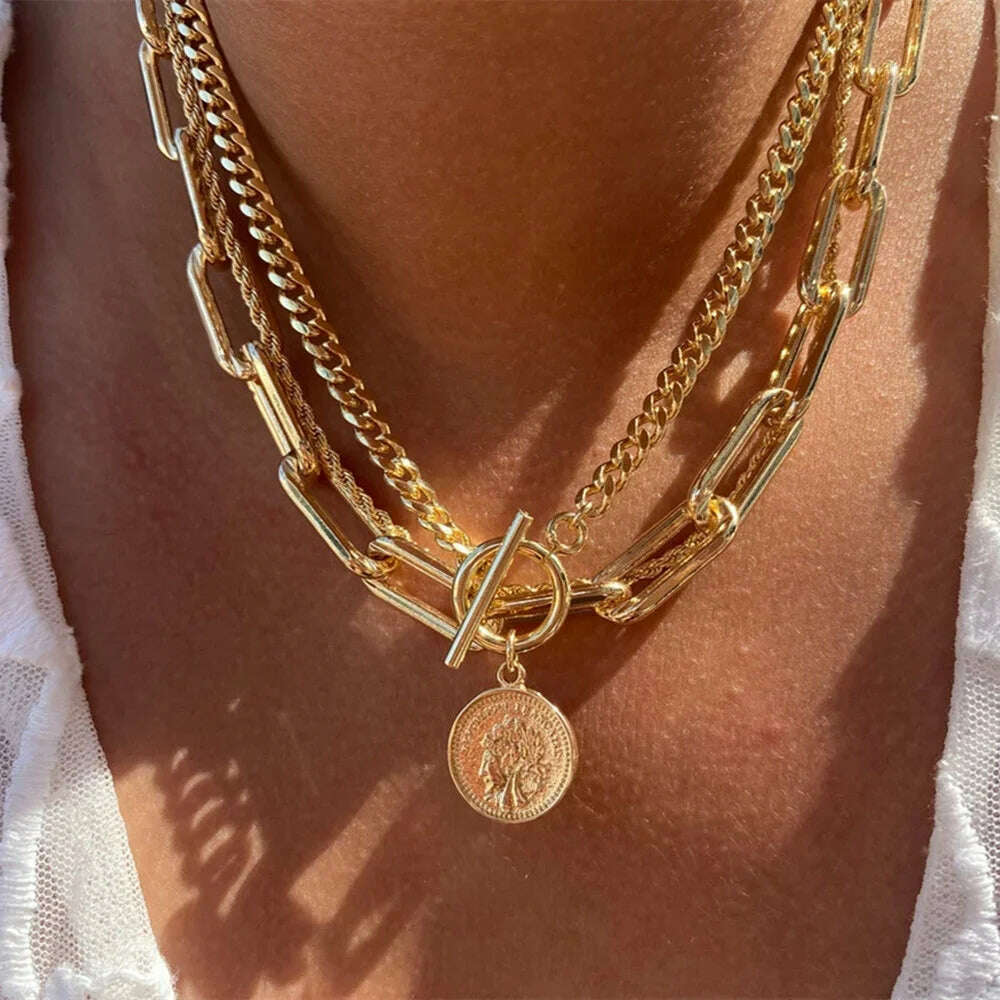KIMLUD, Vintage Punk Gold-plate Thick Chain Head Portrait Coin Pendant Necklace For Women Fashion Multilevel Geometric Hip Hop Jewelry, NES-0820-14, KIMLUD Women's Clothes