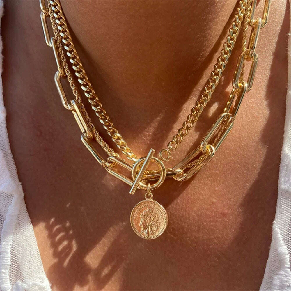 Vintage Punk Gold-plate Thick Chain Head Portrait Coin Pendant Necklace For Women Fashion Multilevel Geometric Hip Hop Jewelry - KIMLUD