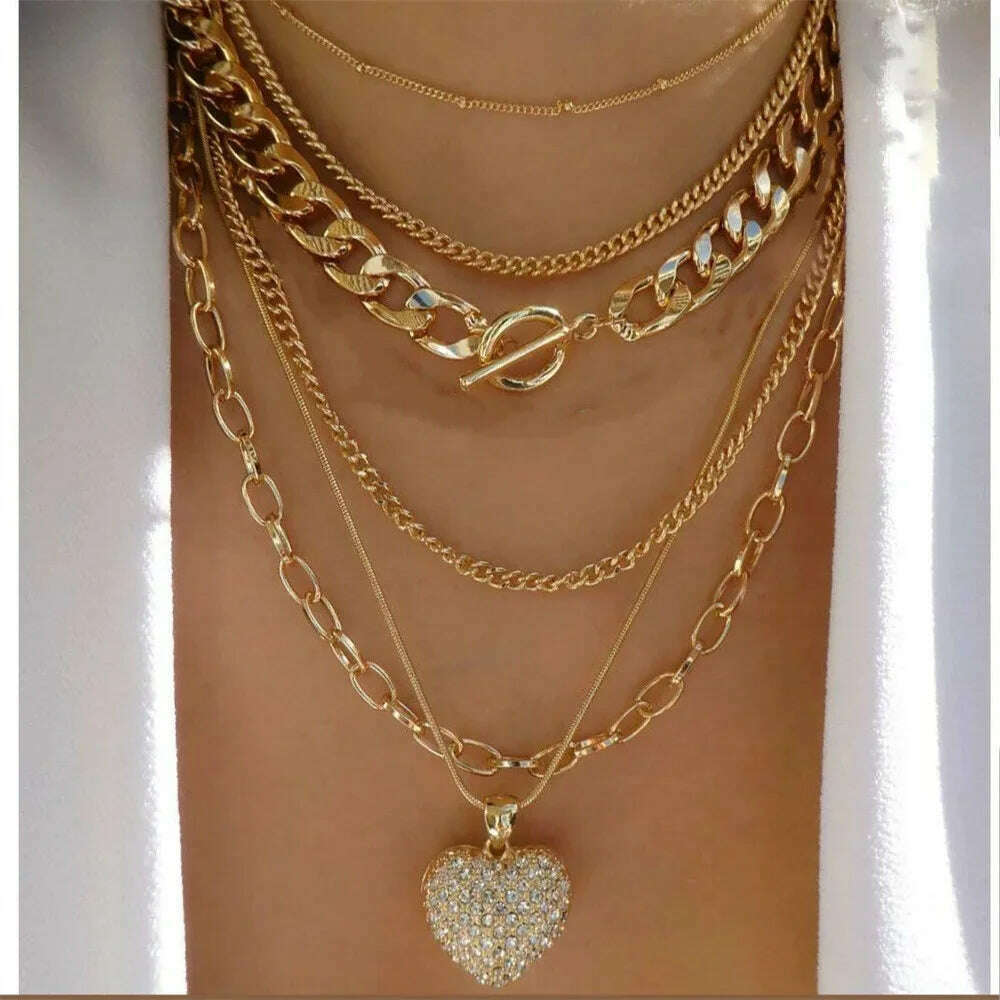 KIMLUD, Vintage Punk Gold-plate Thick Chain Head Portrait Coin Pendant Necklace For Women Fashion Multilevel Geometric Hip Hop Jewelry, NES-0820-4, KIMLUD Women's Clothes