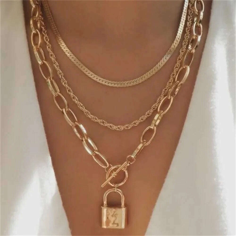 KIMLUD, Vintage Punk Gold-plate Thick Chain Head Portrait Coin Pendant Necklace For Women Fashion Multilevel Geometric Hip Hop Jewelry, NES-0820-5, KIMLUD Womens Clothes