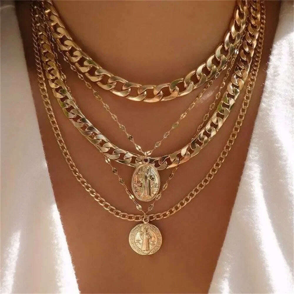 KIMLUD, Vintage Punk Gold-plate Thick Chain Head Portrait Coin Pendant Necklace For Women Fashion Multilevel Geometric Hip Hop Jewelry, NES-0820-9, KIMLUD Womens Clothes