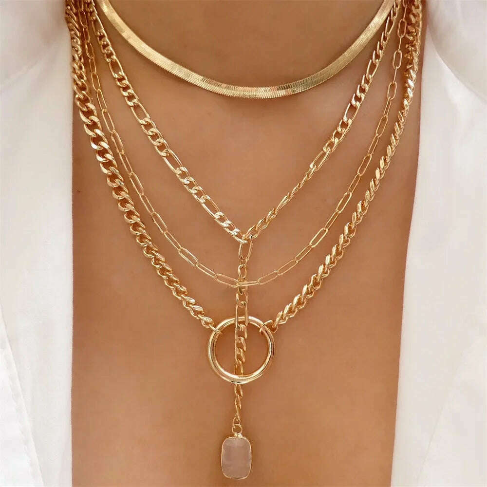 KIMLUD, Vintage Punk Gold-plate Thick Chain Head Portrait Coin Pendant Necklace For Women Fashion Multilevel Geometric Hip Hop Jewelry, NES-0796-3, KIMLUD Women's Clothes