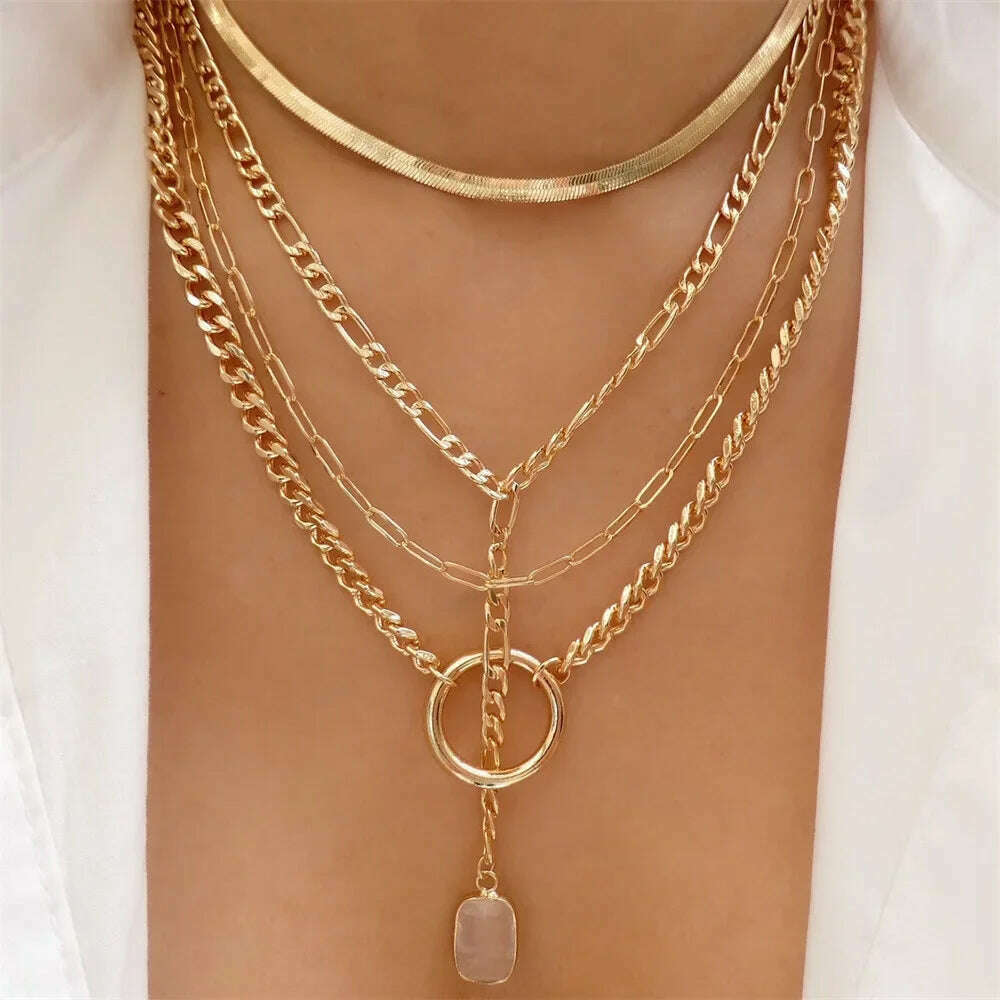 KIMLUD, Vintage Punk Gold-plate Thick Chain Head Portrait Coin Pendant Necklace For Women Fashion Multilevel Geometric Hip Hop Jewelry, NES-0796-3, KIMLUD Womens Clothes