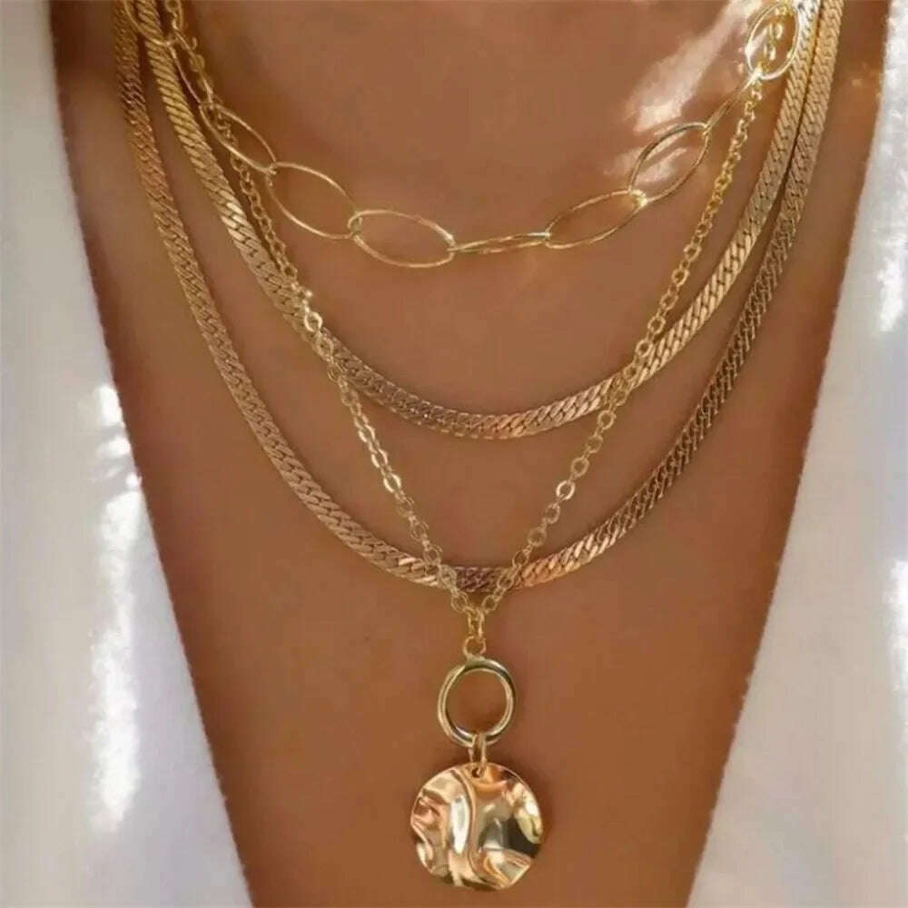 Vintage Punk Gold-plate Thick Chain Head Portrait Coin Pendant Necklace For Women Fashion Multilevel Geometric Hip Hop Jewelry - KIMLUD