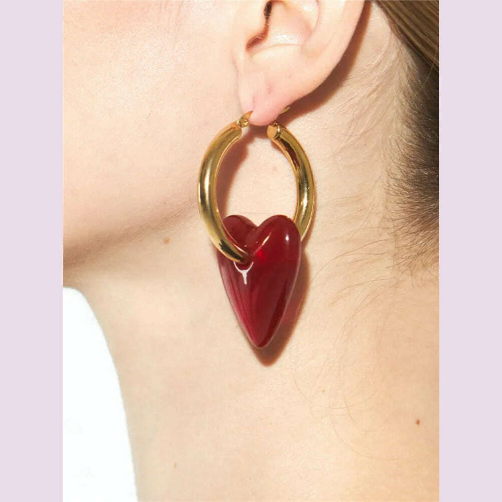 Vintage Red Heart Drop Earrings For Women Personality Big Hoop Earrings Women's Accessories Jewelry - KIMLUD