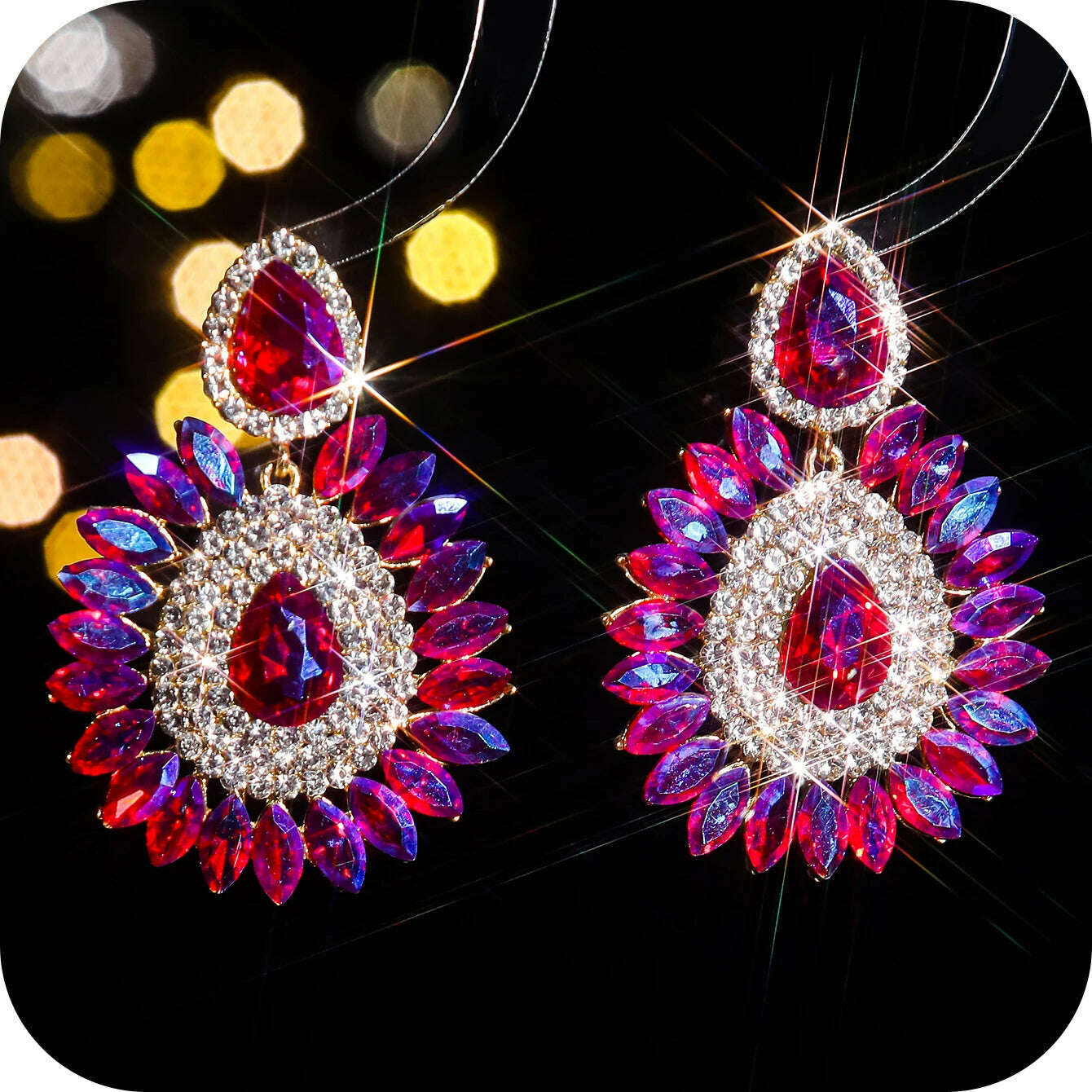 KIMLUD, Vintage Rhinestone sunflower Statement Earrings Retro Big Cluster Crystal Drop Dangle Earrings for Women Girls, STE037GL-R, KIMLUD APPAREL - Womens Clothes